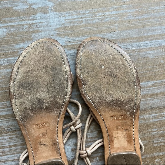 Prada Knotted Leather Sandals Boho Gladiator Preppy Casual Tan Western Womens 6 - Picture 6 of 10